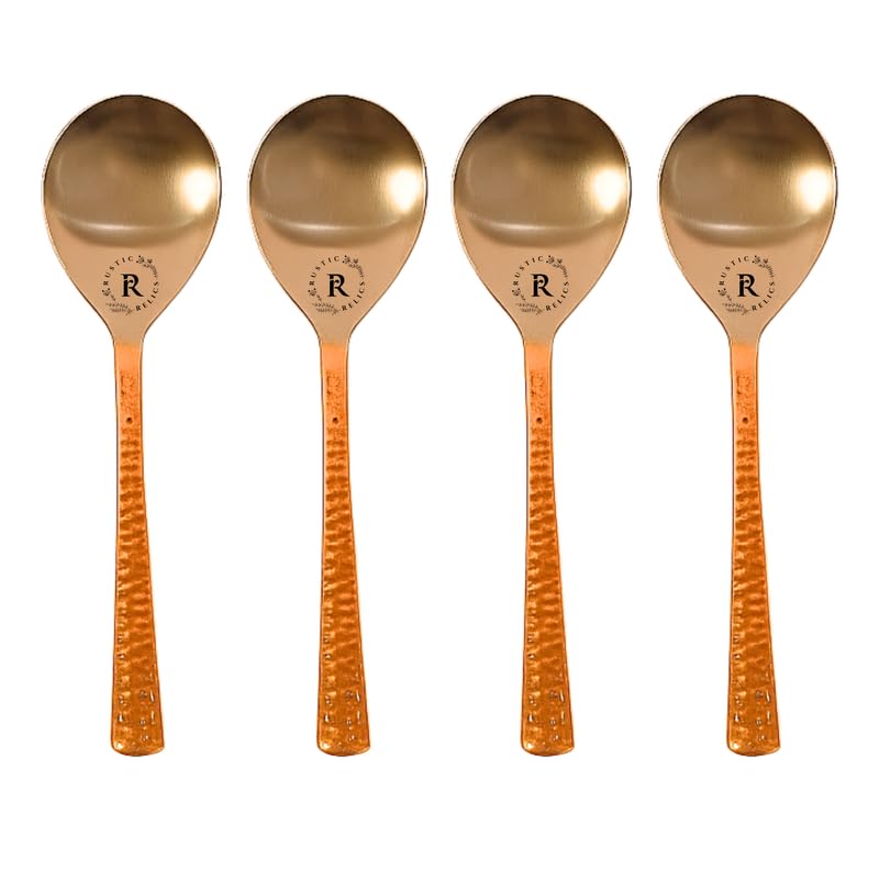 Image of Stainless Steel and Copper Made Serving Spoon Set - Pack of 4 | Metal Kitchen Dining and Cutlery | Steel and Copper Metalic Finish | A Touch of Elegance to Your Dining and Serving