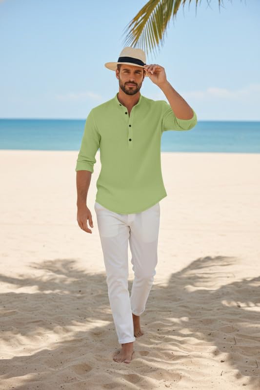 Image of Men's Cotton Blend Short Kurta with Collared Neck Full Sleeves Solid Pattern Western Style Regular Fit and Standard Length