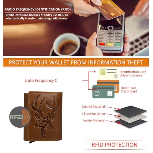 Image of Men's Genuine Leather RFID Wallet | Premium Slim Red Wallet for Men with Deer 3D Print | 8 Card Slots Secure and Durable Design |Casual Stylish | Formal & Gifting Use, Tan and Silver