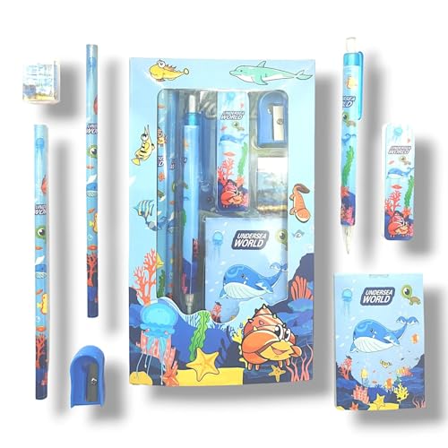Parssufy® Stationery Set - 12 Pieces School Supplies Kit for Kids - Includes Pencil Case, Pencils, Ruler, Sharpener, Eraser, and Cryon Colors Return Gifting Kids, (Undersea)