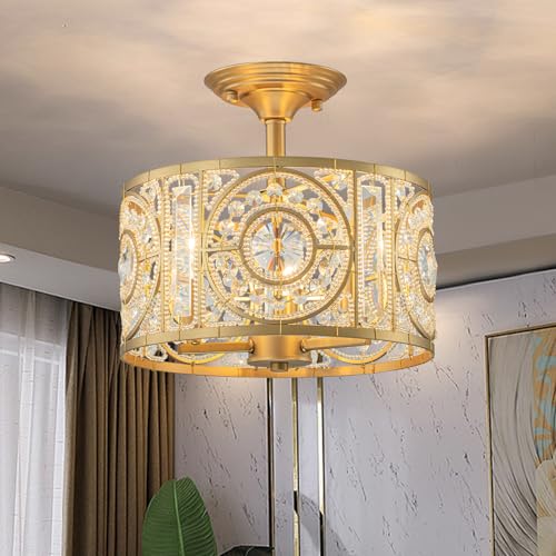Image of Semi Flush Mount Chandelier for Dining Room, 3-Lights Vintage Crystal Round Chandelier, Gold Retro Semi-Flush Mount Ceiling Lights Fixture for Living Room Bedroom Kitchen Hallway Foyer