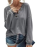 BTFBM Women Waffle Knit Shirts V-Neck Long Sleeve Casual Slouchy Loose Blouses Plain Faux Button...