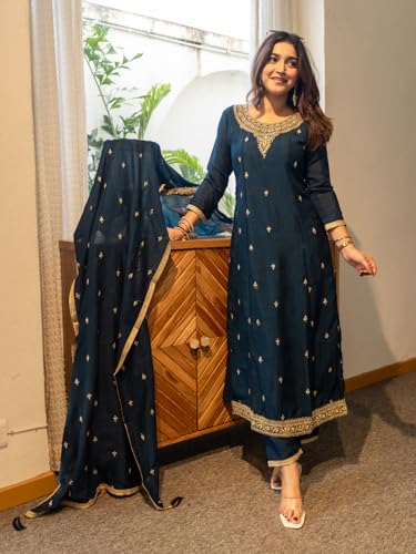 Image of VredeVogel Women's Silk Blend Embroidered Anarkali Kurta with Pant & Dupatta Set | Festive & Casual Women Ethnic Kurta Set for Women