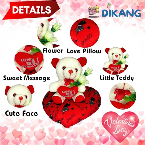 Image of DIKANG Cute Teddy Bear with Heart Pillow for Valentine's Day Gift | Valentine Gift for Boyfriend /Girlfriend /Husband /Wife (25 CM, Off White & RED)