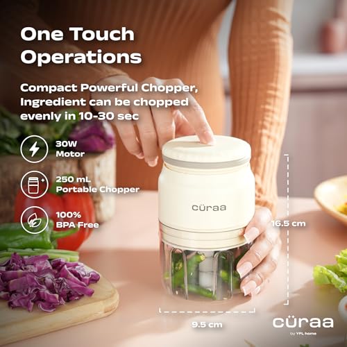 Image of CURAA ChopLab Neo USB Vegetable Chopper for Kitchen Use | By Chef Sanjyot Keer | Mini Chopper for Kitchen with Stainless Steel Blades - 250ml (Beige)