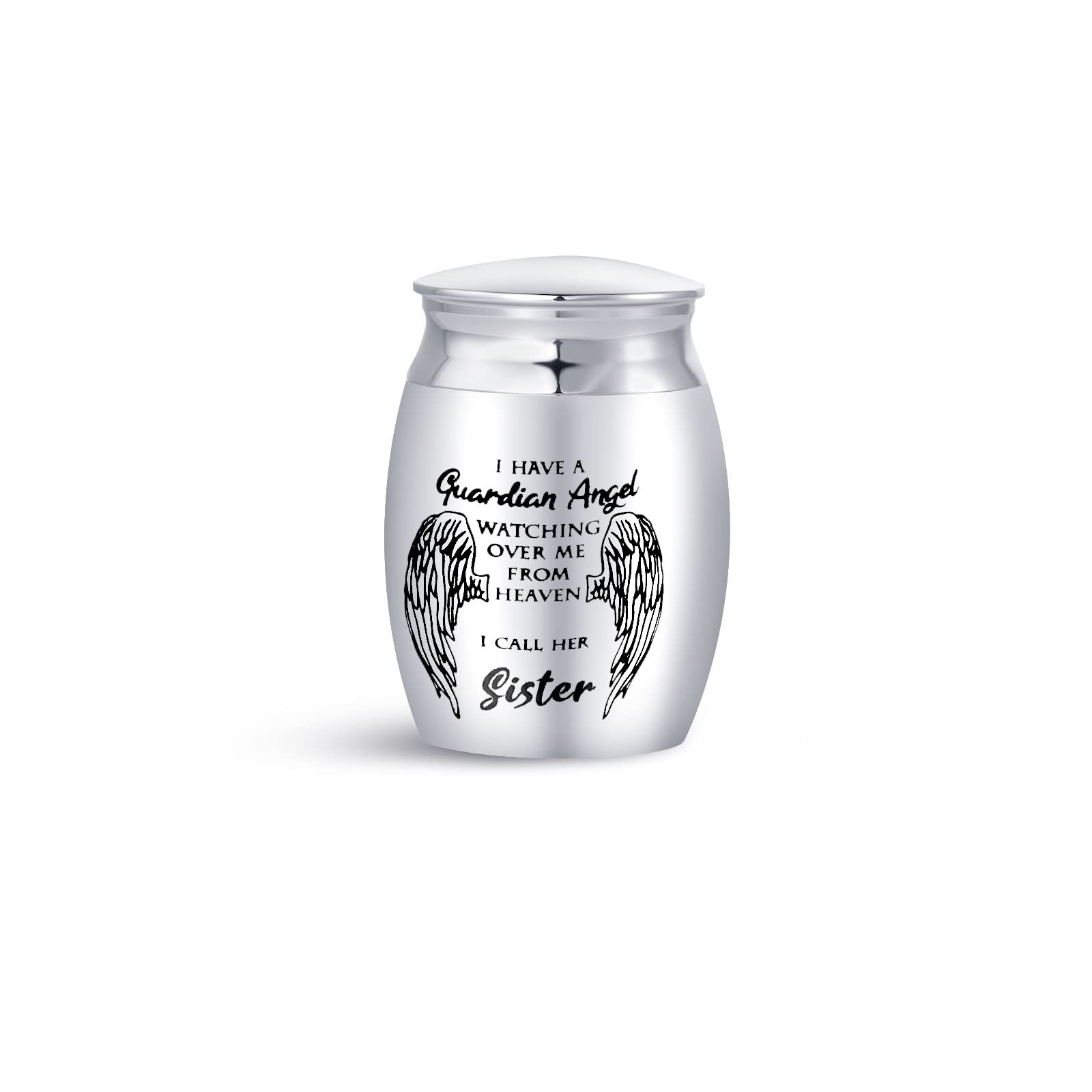Minijewelry Women's Silver Sister Mini Cremation Urn For Ashes Sepulchral Cinerary Funeral Keepsake Memorial Jar Family I Have A Guardian Angel Watching Over Me From Heaven
