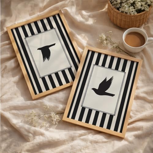Image of Suneree Flying Birds Wall Art Set of 2 Framed Paintings | Black White Striped Minimal Bird Silhouette Poster | Living Room Bedroom Home Decor (Art 2, 13x19 Inches)