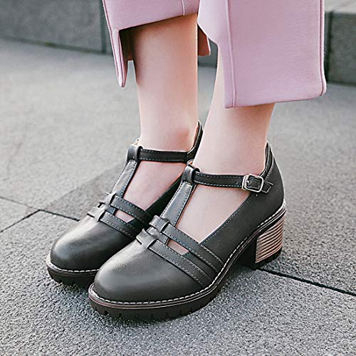 VOKLIN Women's T-Strap Mary Jane Pumps Round Toe Platform Chunky Mid Heels Vintage Brogue Dress Oxford Shoes4