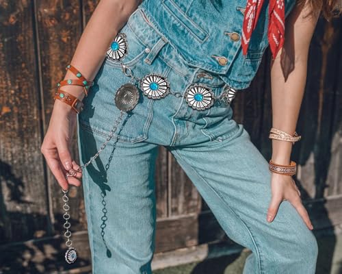 Western Concho Chain Belt -Country Cowgirl Silver MetalTurquoise Wrist Chain Belt Adjustable for Dresses Jeans4
