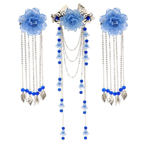MonkeyJack 3 Pieces Costume Classic Flower Hair Clip Barrette Long Tassel for Hanfu COS Hair Ornaments - Blue