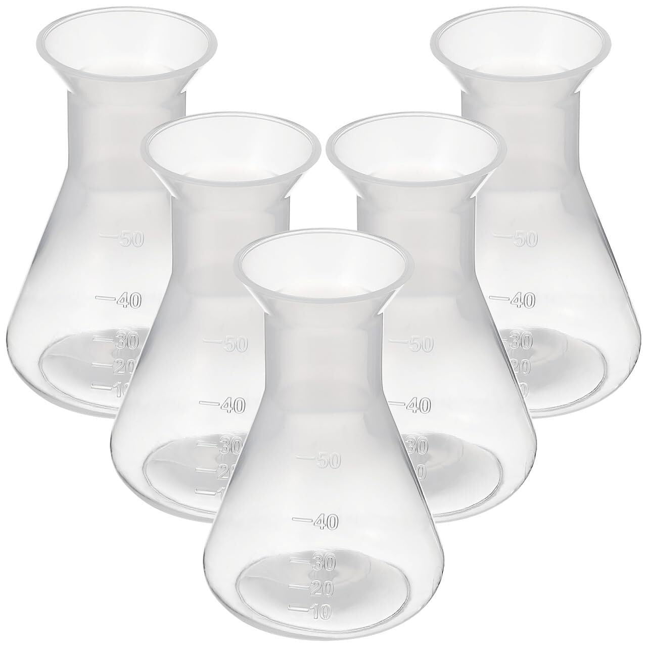 5 Kunststoff-Erlenmeyer 50ml – Transparente, graduierte Kegelkolben für Labor, Schule und Wissenschaftliche Experimente