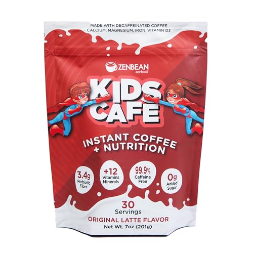 Zenbean Kids Cafe - Sugar Free Coffee & Nutrition, 99.9% Caffeine-Free, 12 Vitamins & Minerals (Calcium, Magnesium, Iron, & More), 3.4g Prebiotic Fiber, Original Latte Flavor, Makes 30 Servings