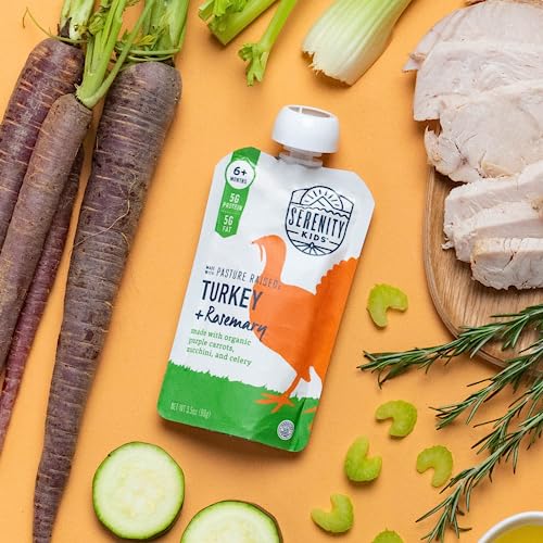 Image of Serenity Kids Organic Baby Food Pouches, Turkey & Rosemary, Protein, 3.5 Oz | Savory, Low-Sweetness, Protein-Forward Baby Snacks, Organic Veggie Puree, BPA-Free for Outings, GMO-Free, Toddler Food