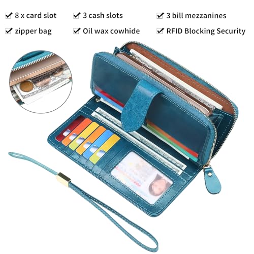Womens Wallets Large Capacity Credit Card Holder Rfid Wallet Women Double Zipper Pocket Leather Bifold Ladies Wallet (Blue)4
