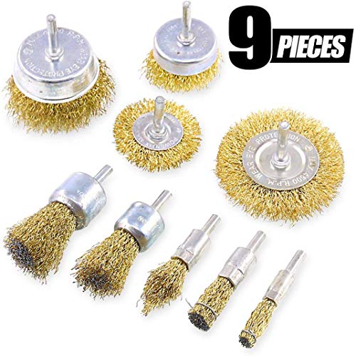 LESNIC Juego de 9 Cepillos de Alambre Recubiertos de Latón con Vástago de 1/4 9 Tamaños de Brocas Perfecto para la Eliminación de óxido/Corrosión/Pintura, Reduce la Rotura de Alambre