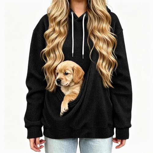 Dog Pouch Sweatshirt Pet Pouch Hoodie Women Kangaroo Pocket Dog Cat Carrier Soft Waffle Pullover Sudaderas para Mujer En Oferta Wardrobe Capsule Women Over 40 Black S - image 2