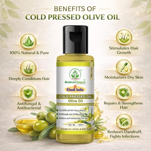 Image of Khadi 100% Pure Cold Pressed Olive Oil for Hair, Skin & Body Massage | Natural Moisturizing Oil for Dry Skin & Hair Care | Multipurpose Oil for Body Massage, Hair Nourishment & Moisturizing- 100GM