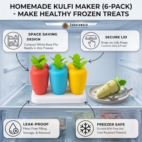 Image of Sakoraware 6 Pcs Kulfi Maker Mould Set with Stand Reusable Ice Cream Popsicle Mold BPA Free Food Grade Pop Mold Homemade Frozen Treat & Dessert Maker