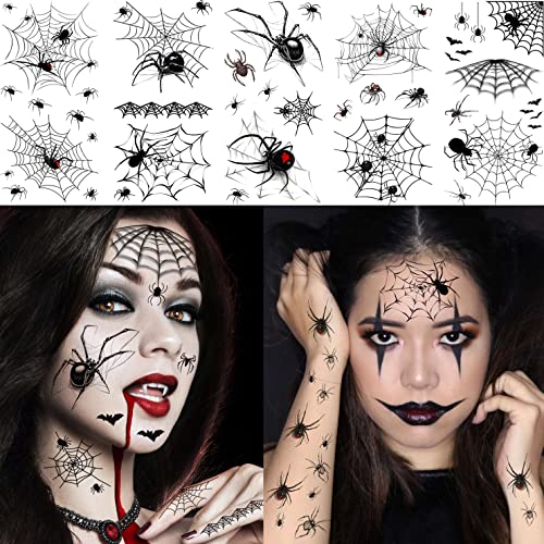 COKTAK 8 Sheets Large 3D Spider Web Temporary Tattoos Halloween Makeup Kit For Women Adults Realistic Witch Bat Zombie Fake Face Tattoos Sticker For Kids Men Adults Scary Halloween Decals Spiderweb - Image 3