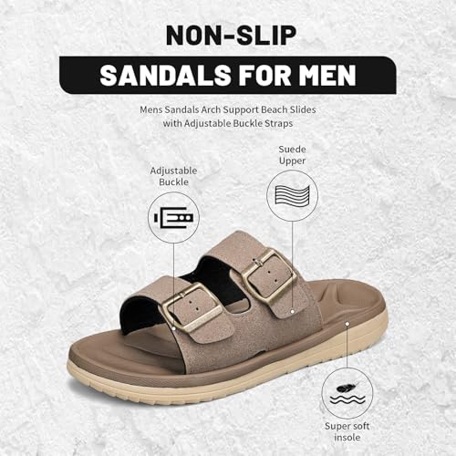 Image of Mens Sandals Arch Support Comfortable Beach Slides with Adjustable Buckle Straps Slippers for Men