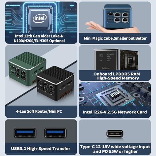 Image of Mini Firewall PC N100 4C /4T,16GB LPDDR5 512GB SSD Micro PC,4K Dual Screen Display,4X LAN i226-V 2.5GbE Ports,Mini Desktop Computer Win11 Pro