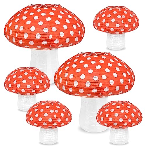 Mushroom Paper Lanterns, 6pcs Mushroom Hanging Decor Forest Jungle Wonderland Themed for Birthday Party Baby Shower Garden Wedding Decorations 8 inch, 12 inch (Red)