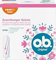 o.b. Tampons Original Super 56 Stk., mit StayDry-Technologie und geschwungenen Rillen für starke Tage, 100 Prozent pflanzlich basierter Tamponkern