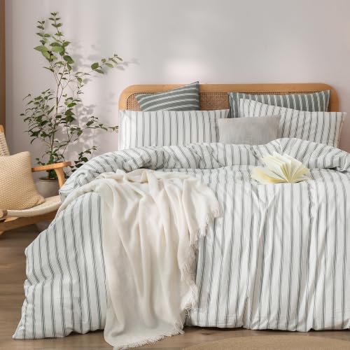 Image of BESTOUCH Striped Cotton Duvet Cover Set Linen Feel Twin | 100% Washed Cotton, Soft Wrinkle Texture, Hidden Zipper, 8 Ties, Breathable Lightweight Durable Comfy, 2 Pcs No Insert