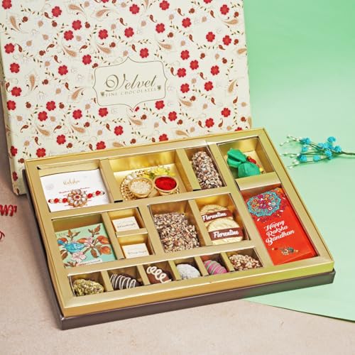 Image of Velvet Fine Chocolates Luxe Raksha Bandhan Gift Box | Premium Assorted Chocolates & Rakhi Gift Set | Perfect for Rakshabandhan | Pack of 1