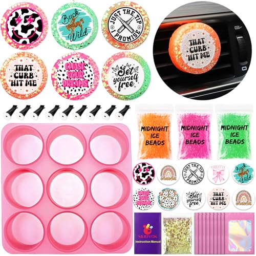 MUBYOK Scented Car Vent Freshie Supplies Starter Kit,DIY 9 Car Air Fresheners with 250g Midnight Ice Aroma Beads,2 inch Circle Silicone Molds,Vent Clip,Glitter & CardStock