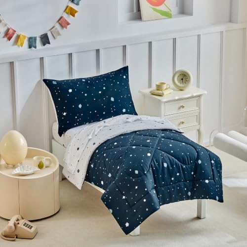 Image of DuShow Star 4 Pieces Boys Toddler Bed Comforter Set Dark Blue Reversible Toddler Bedding Set Soft Baby Crib Bed Sheets Set in a Bag | Include Quilt Comforter,Flat Sheet,Fitted Sheet,Pillowcase