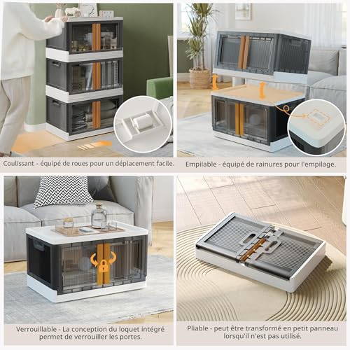 NETEL 4x 94L Empilable Boîte de Rangement avec Couvercle et Verrouillable Porte, Pliable Bac de Rangement Plastique avec Roulettes, Grande Caisse Rangement Organisateur pour Cuisine, Salon et Chambre – vue 4