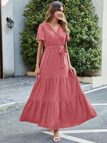 Image of MASCOMODA Women Boho Swiss Dot Maxi Dresses Wrap V Neck Flutter Short Sleeve Solid Tie Waist A Line Tiered Flowy Long Dresses