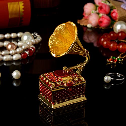 Fj Fengzhijie Trinket Box Gramophone Decor Gold Plated Crystal Phonograph Model Treasure Box Ring Case Giftable Souvenir #TOP6
