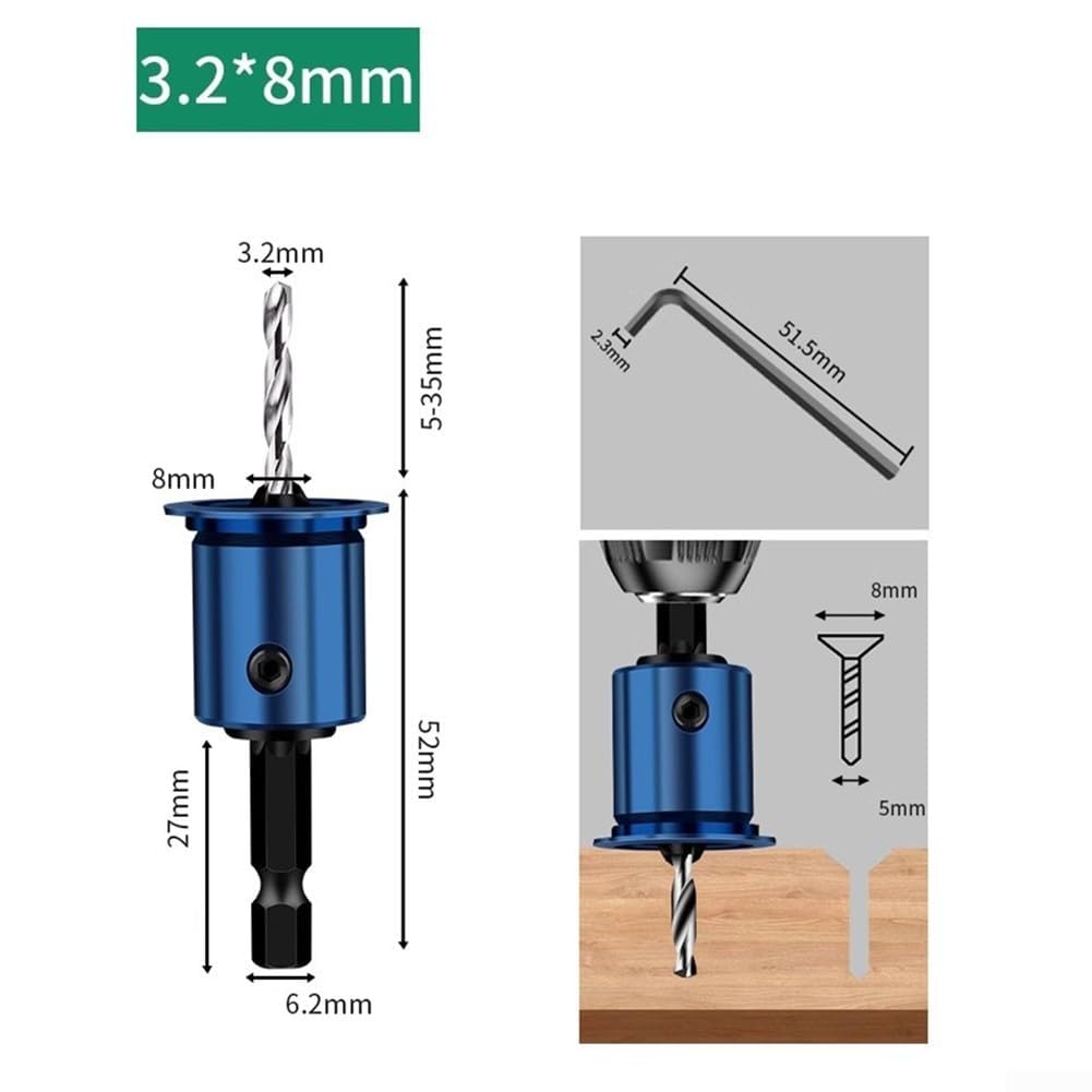 Punta da Trapano svasatrice con Gambo da 8 mm, limitatore di Nucleo, Sile per Lavorazione del Legno con Collare di Arresto reabile