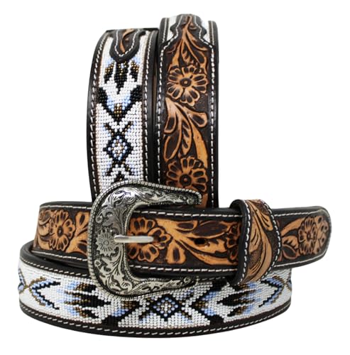 Unisex 1.5" Western Floral Tooled Beaded Full-Grain Leather Belt 26RT433