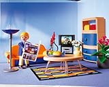 Descripción del producto: este mobiliario moderno decorará de forma perfecta el salón de la nueva casa de Playmobil. Incluye un sofá convertible en cama doble, una biblioteca, un mueble HiFi, una planta, una lámpara de pie, un candelero, una alfombra y un personaje.