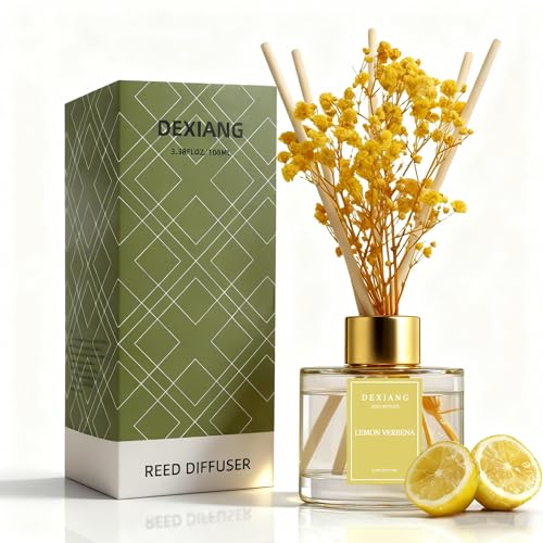 Reed Diffuser Set – 3.38 fl oz (100ml) Lemon Verbena Essential Oil with 6 Reed Sticks | Home & Bathroom Decor