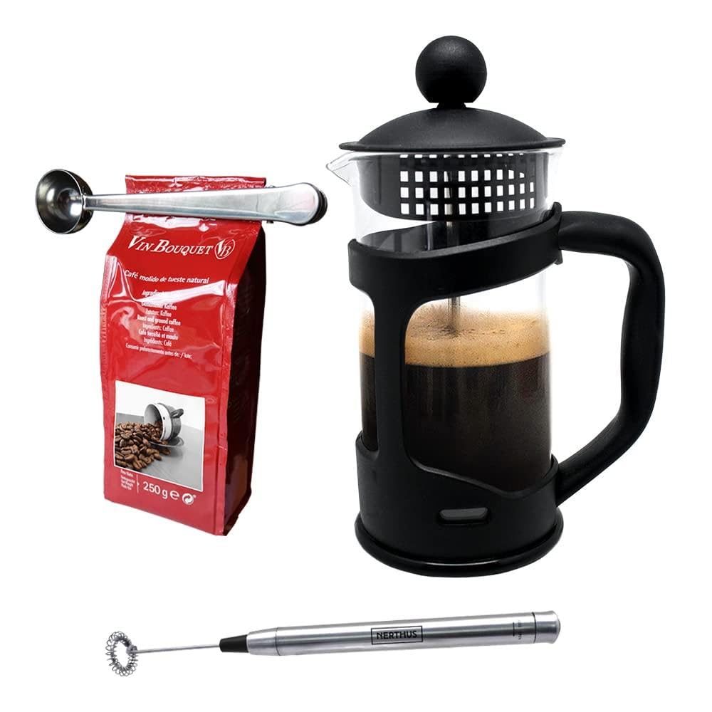 Nerthus Negra Set Fih 1126 Cafetera Francesa De Émbolo 800Ml. + Pinza Y Cuchara + Batidora De Leche