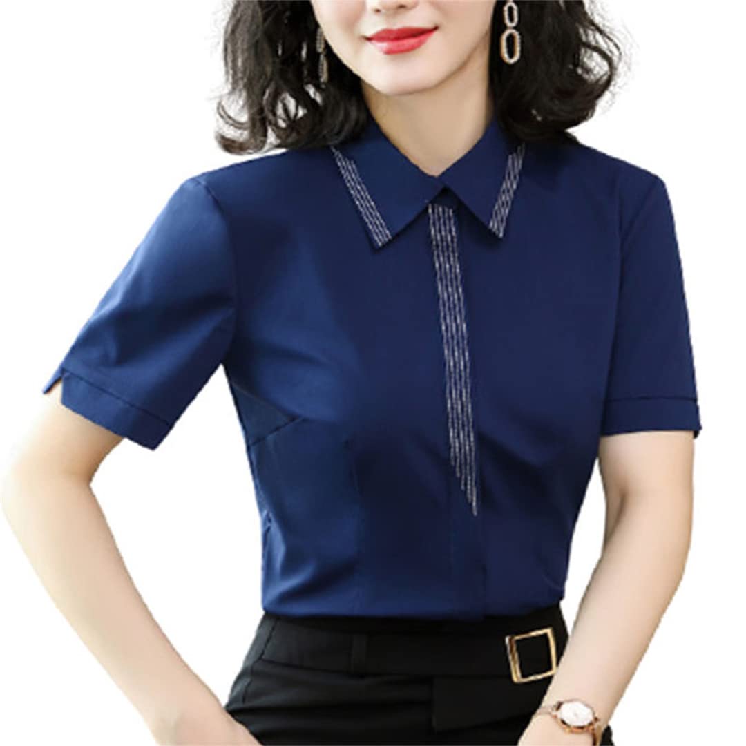 Camisa con Botones para Mujer Blusa de Negocios de Manga Corta con Cuello en V para el Trabajo Oficina Blusas Formales de Verano Navy Blue S