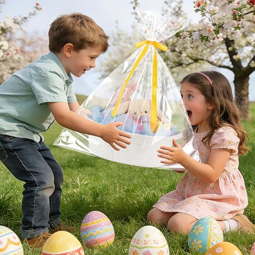Image of OIAHOMY Gift Basket with Handle, Easter Basket with Gift Bag, Ribbon and Wrap Tissue Paper, Nursery Bins Empty to Fill with Small Items, Baby, Pet Toy Organiser - Easter White