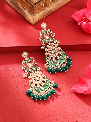 Image of Yellow Chimes Ethnic Gold Plated Meenakari Traditional Kundan Studded Floral Design Pearl Chandbali Earrings for Women and Girls