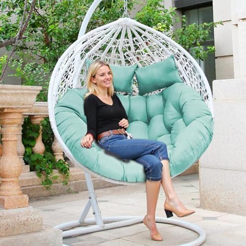 Image of Patio Double Chair Cushion Replacement 55x35in Thickened Memory Foam Large Double Egg Swing Chair Cushions Outdoor Hnaging Basket Egg Chair Cushion 55x35in (Sky Blue Cushion Only) R-3