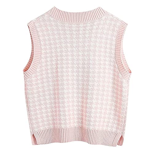 Uodsvp Preppy Clothes For Girls, Women's Sweater Oversized Vest Y2K Argyle Sweater Women Cropped Women's Casual V-Neck Pullover Shirt Collision Color Sleeveless Sweater Vest Check (S, N-Pink) #TOP2