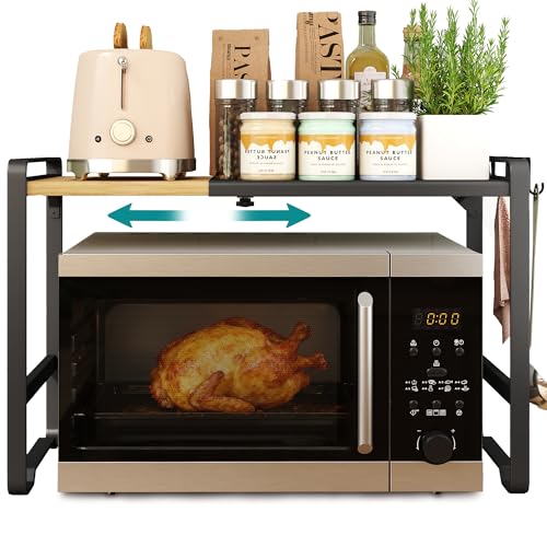 SONGMICS Étagère pour Micro-ondes, Extensible, Support pour Mini Four, Largeur Réglable de 41,5 à 64 cm, Étagère de Cuisine, Acier et Bambou, 4 Crochets,...