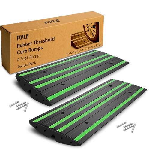 Pyle 8 ft. Rubber Curb Ramp Set, Pack of 2 Heavy Duty Non-Slip Threshold Ramps for Driveways, Garages, Sidewalks, Wheelchairs and Vehicle Access, Green Reflective Strips, 48.0’’x 16.0’’ x 2.6’’ Inch