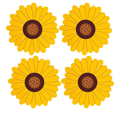 Image of Silicone Trivet Mat - Sunflower Hot Pot Holder Pads - Coasters for Kitchen - Placemat for Hot Dishes - Hot Pads for Table (Set of 4, Meduim, Yellow)