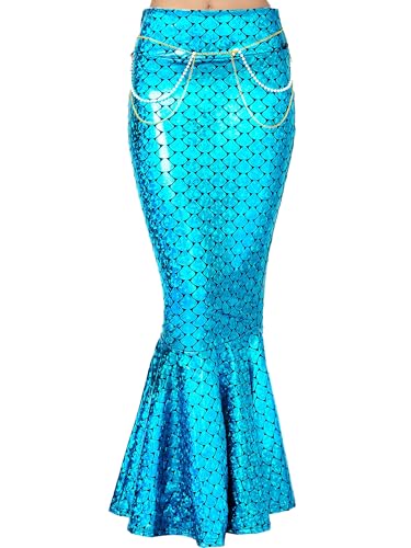 Anuedgis Halloween-Meerjungfrauenkostüm für Damen glitzernd hohe Taille figurbetont Fischschwanz Maxirock mit Perlenkette für Karneval Mottoparty (A-Blau M)