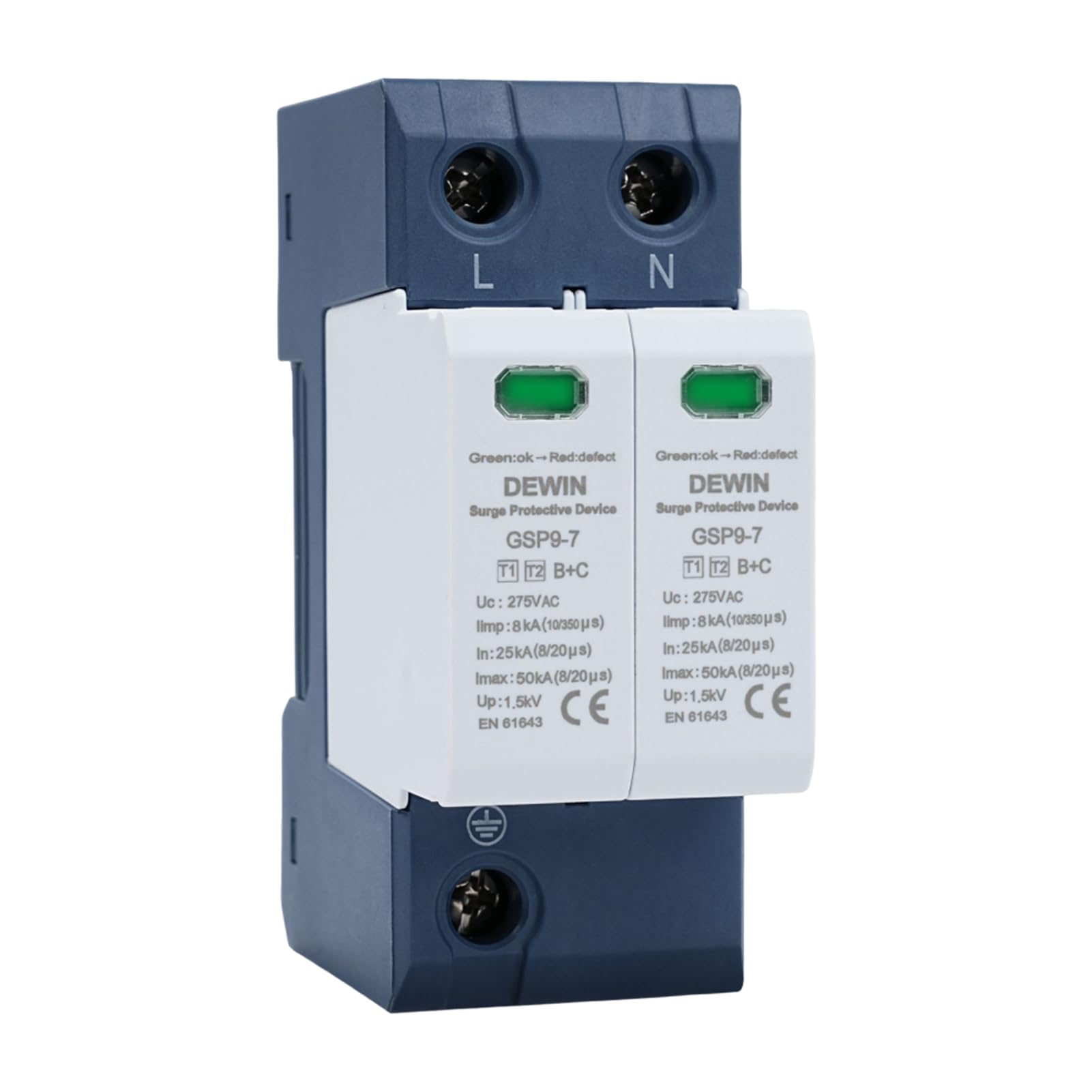 DEWIN Scaricatore di Sovratensione 2P AC 275V 25KA~50KA Dispositivo Protezione Fulmini Bassa Tensione