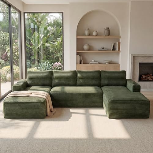 Image of Oversized Cloud Boneless Couch with Chaise, Modern Modular Sofa with Deep Seat, Corduroy Upholstered U Shaped Couch for Living Room, No Assembly Required (Olive Green)